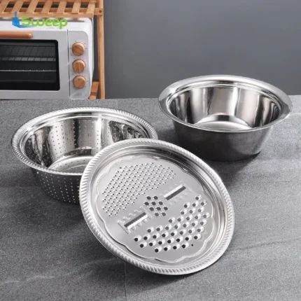 Multifunctional Stainless Steel Drain Basket Multi-purpose Vegetable Slicer Graters For Kitchen,3 In 1 Graters Cheese Grater Salad Maker Bowl Drain Basin Ginger Grater Basket Vegetable Cutter